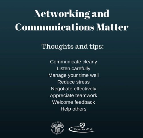 Image reading "Networking and Communications Matter" along with a list of thoughts and tips