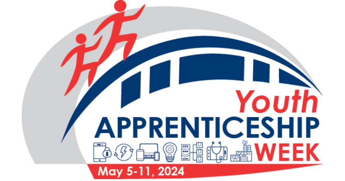 The Youth Apprenticeship Week logo, featuring two red stick people on a blue road that curves over the words, Youth Apprenticeship Week. May 5-11, 2024