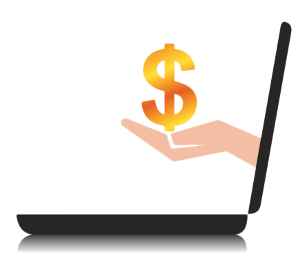 Graphic of a hand holding a dollar sign coming out of a laptop screen