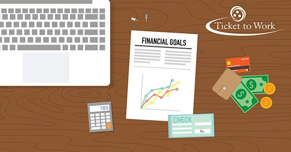 Graphic of a keyboard, calculator, check, money, financial goals sheet