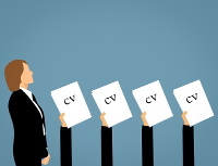 Graphic of a person standing and four hands handing their resume