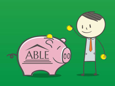 Graphic of Ben adding coins to an ABLE piggy bank