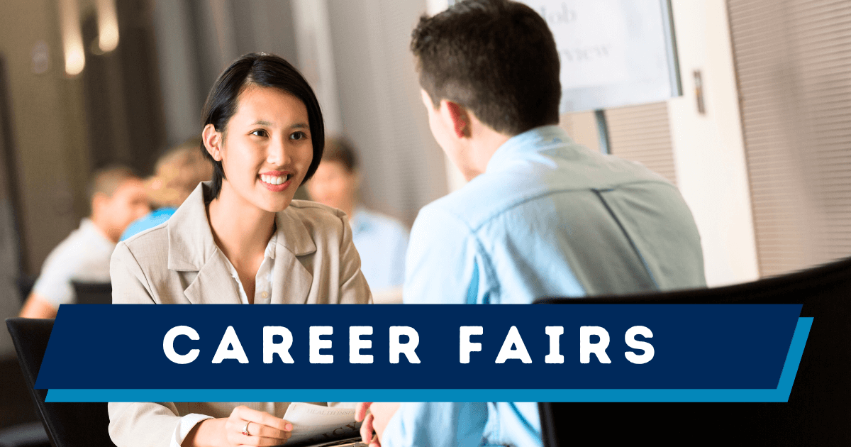 Two people sitting at a table talking. A blue banner at the bottom of the image reads “Career Fairs.”