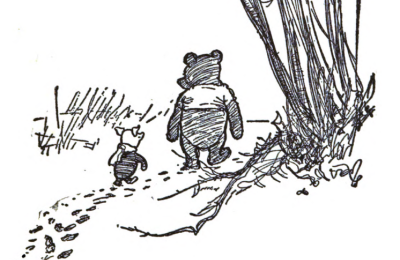 Sketch of Winnie the Pooh and Piglet walking hand-in-hand through the woods