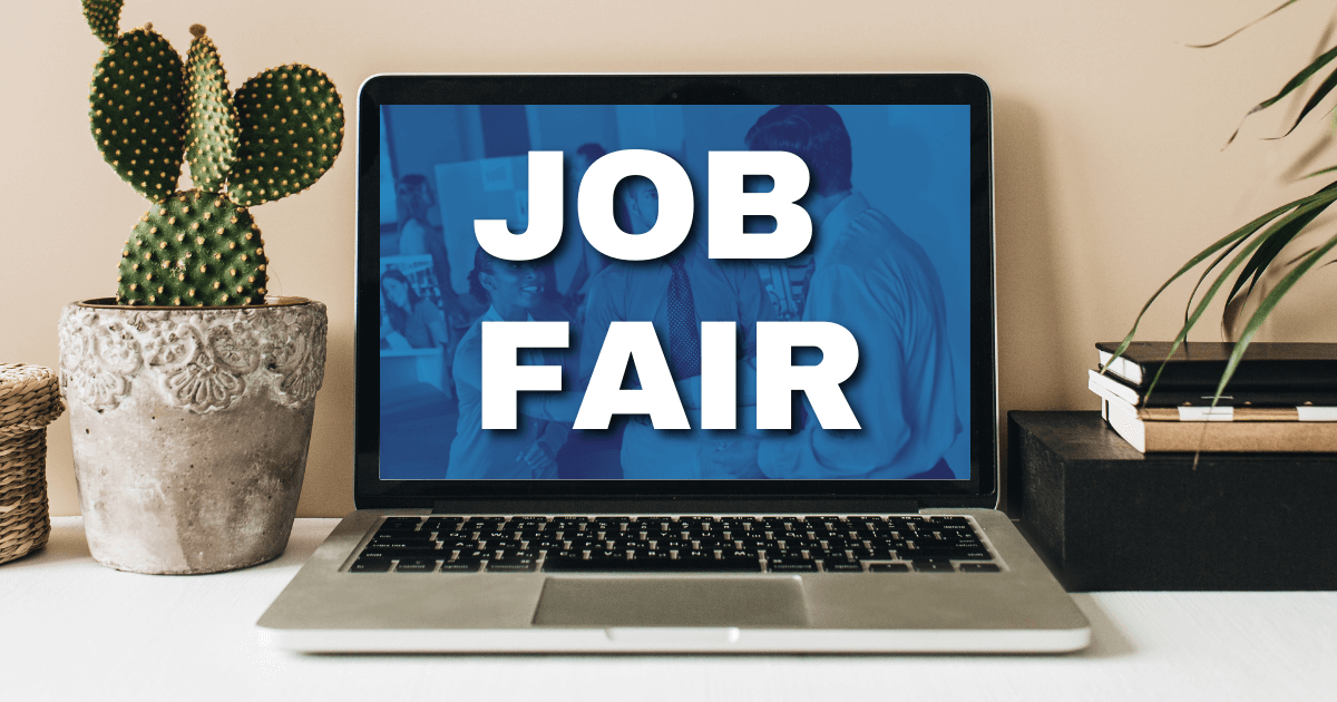 A laptop computer with the words, “Job Fair”on a blue background. To the left is a cactus.