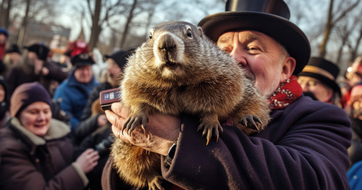 A man wearing a top hat is holding Punxsutawney Phil, the groundhog, in front of a crowd of people at the Groundhog Day celebration.