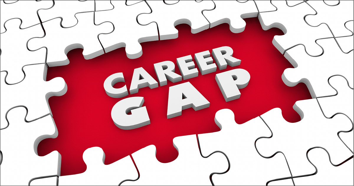 An all-white jigsaw puzzle with the word "Career Gap," where  a section of the puzzle is missing.