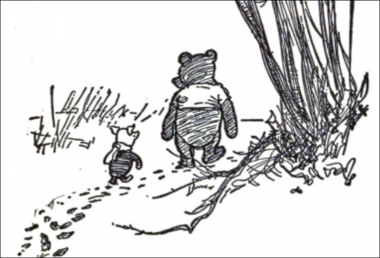 Sketch of Winnie the Pooh and Piglet walking hand-in-hand through the woods Sketch of Winnie the Pooh and Piglet walking hand-in-hand through the woods