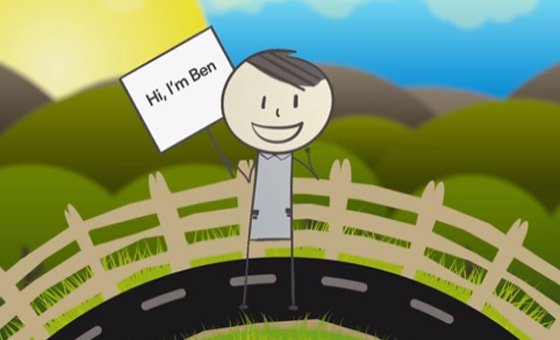 cartoon character, Ben, holding up sign that says 'hi, I'm Ben!'
