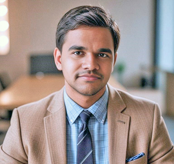 Kushal sitting wearing a brown suit