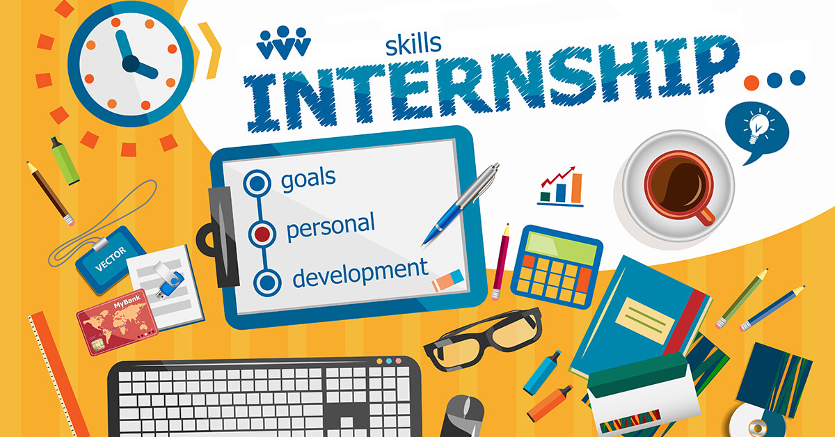 A graphic design of office supplies on a desk with "Skill Internship" written in large font