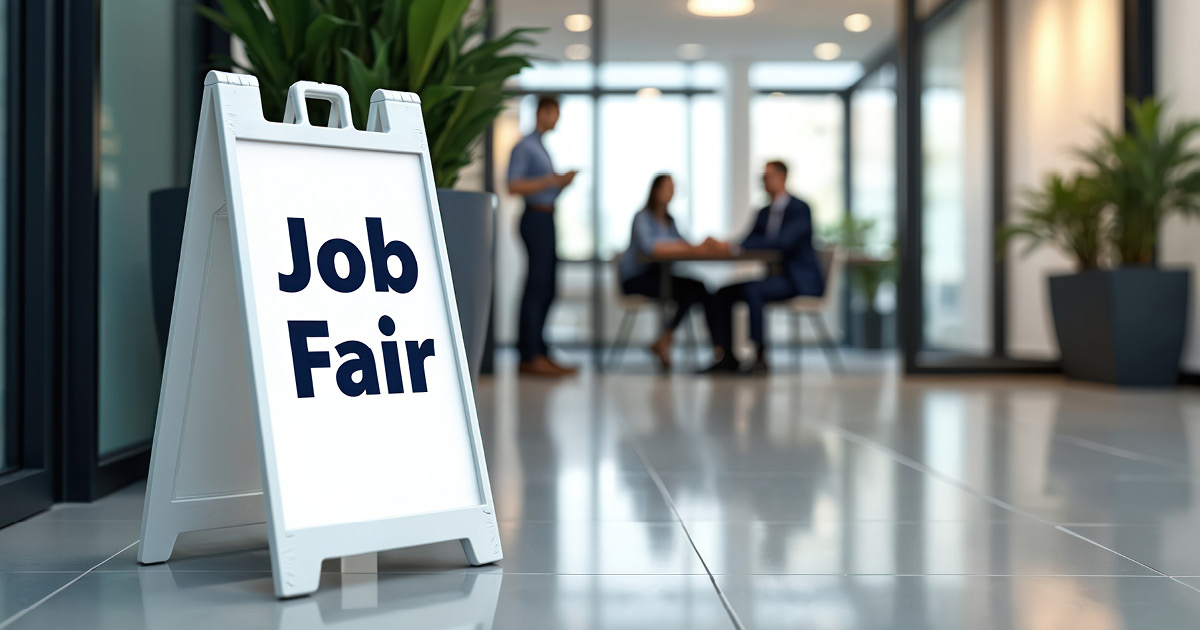 In the entryway of an office, a large floor easel sign says, “Job Fair”. Inside the office, two people are having a meeting at a table, while another person stands nearby.