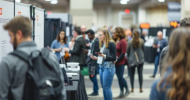 An image of people in a large room interacting with others. There are exhibit tables in the room.