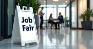 In the entryway of an office, a large floor easel sign says, “Job Fair”. Inside the office, two people are having a meeting at a table, while another person stands nearby.
