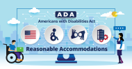 An illustration of an oversized computer monitor, with a city skyline in the background. On the monitor is a row of images, including an American flag, and icons for wheelchair access, ASL, and documents. It says, “ADA. Americans with Disabilities Act. Reasonable Accommodations.” Next to the monitor is a person using a wheelchair, working on a laptop, and a person pointing to the monitor, with a text bubble above that has 4 dots in it.