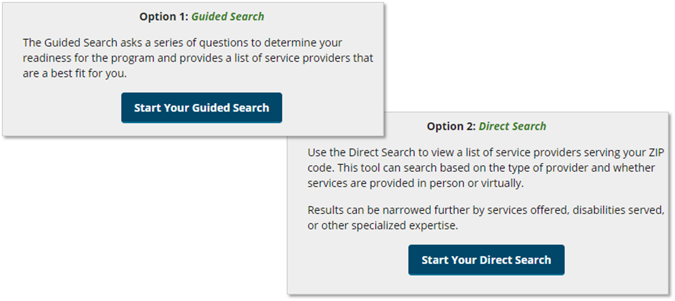 Two screenshots of options for finding employment help