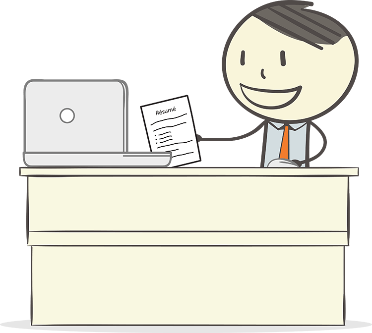 cartoon character sitting at his desk holding a resume