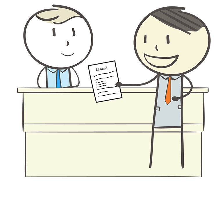 cartoon character giving his resume to a potential employer