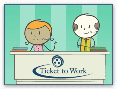 cartoon image of a Ticket to Work helpdesk