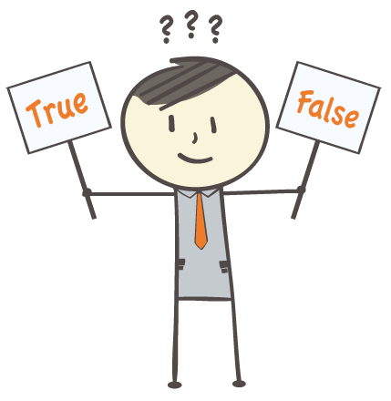 cartoon character holding two signs saying True and False